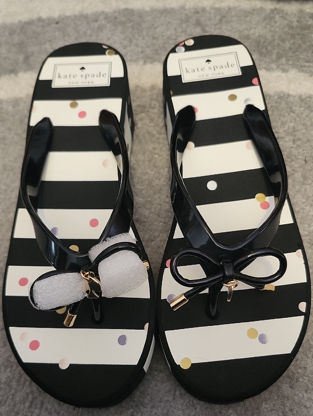 kate spade Black & White Striped Confetti  Flip Flops with Bow Accents